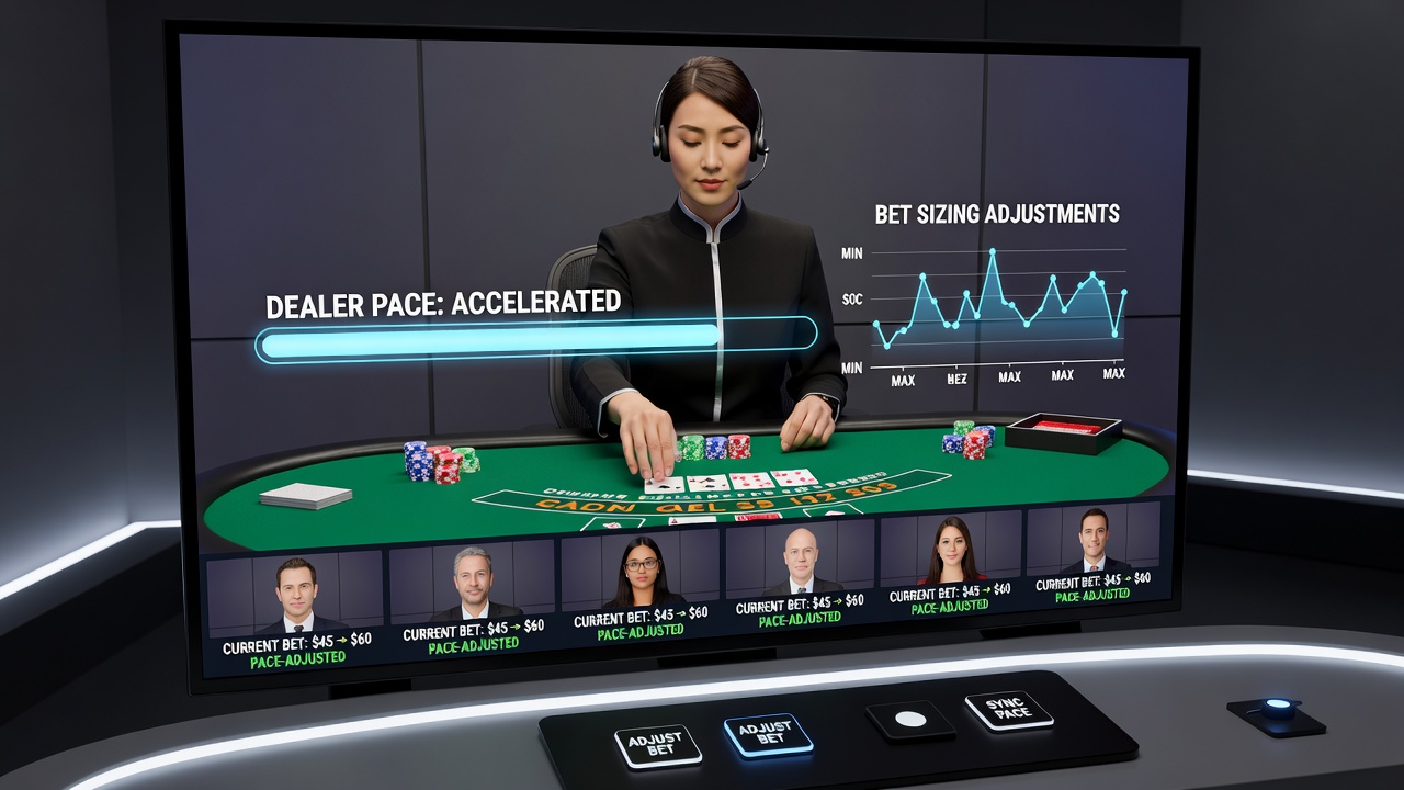 Blackjack table interface displaying real-time dealer pace metrics and bet sizing tools