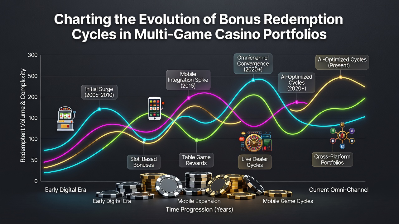 Historical timeline showing shifts in bonus redemption patterns across casino game portfolios