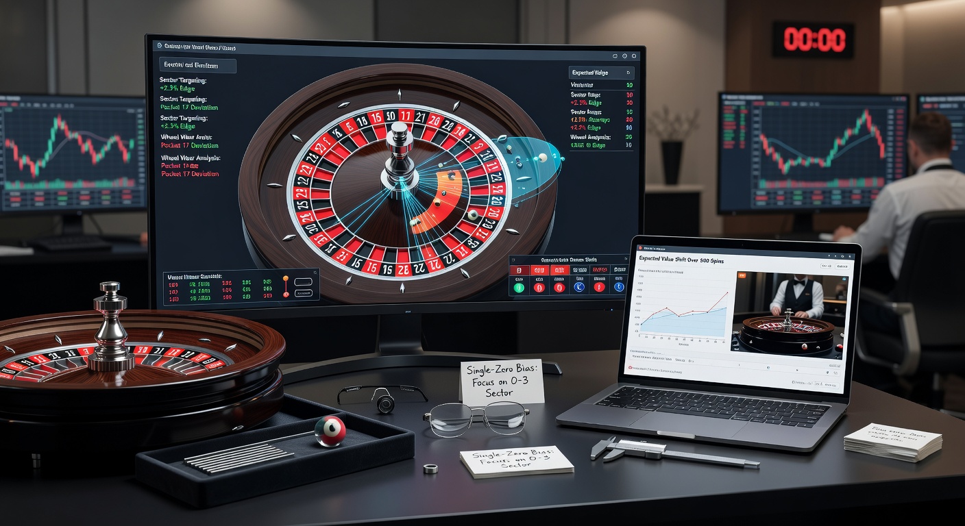 Player analyzing a live roulette stream on a multi-screen setup, with charts tracking wheel sectors and dealer spin patterns