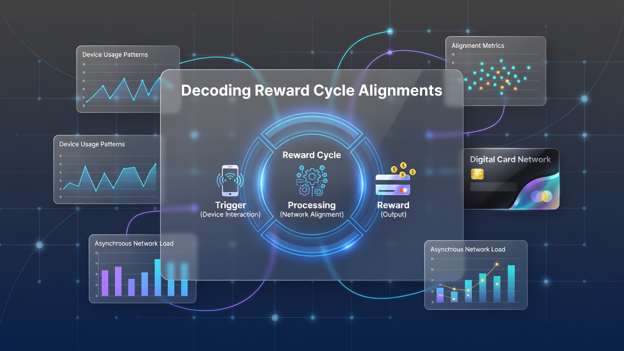 Visual representation of device usage patterns mapped against reward cycle timelines in digital card network environments