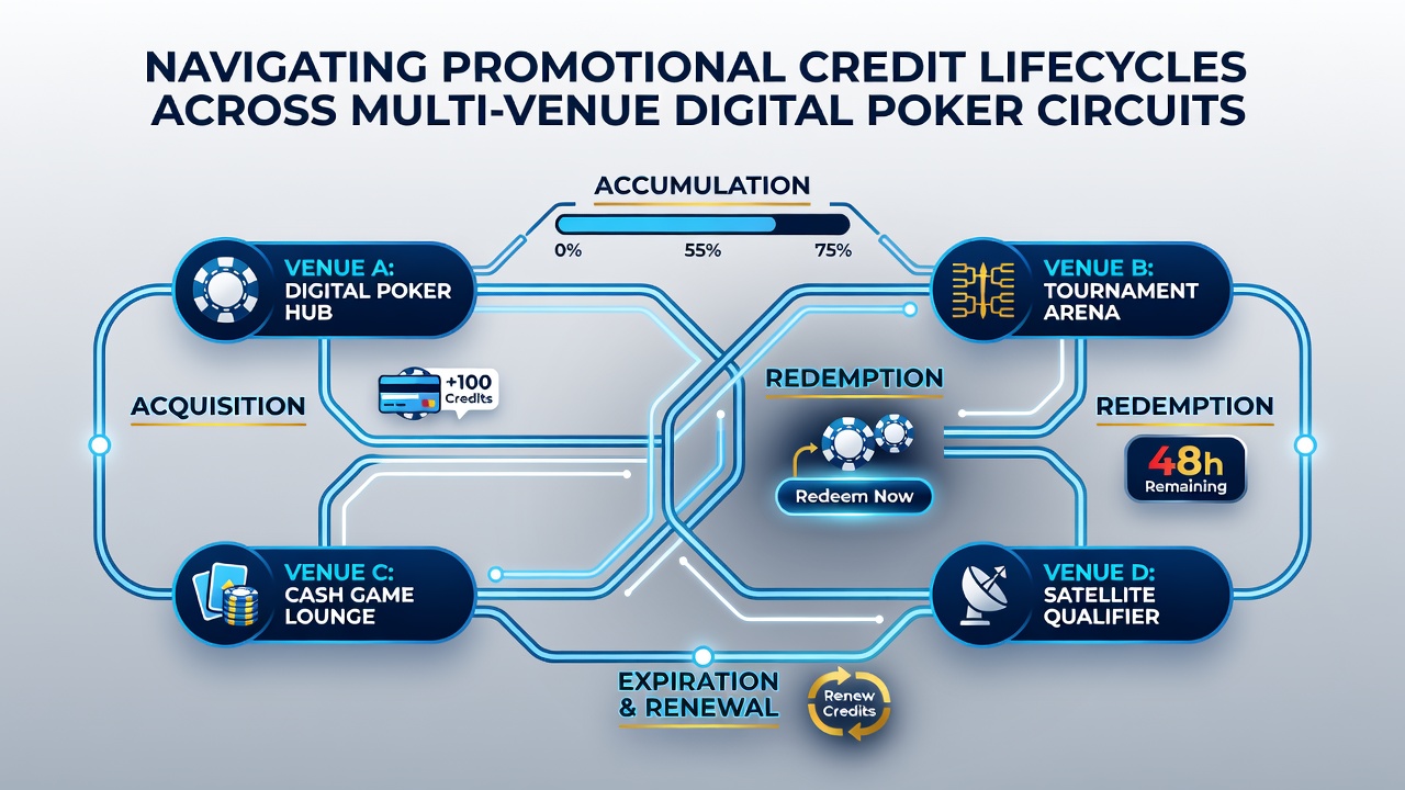 Flowchart diagram illustrating credit transfer and redemption paths between connected poker platforms